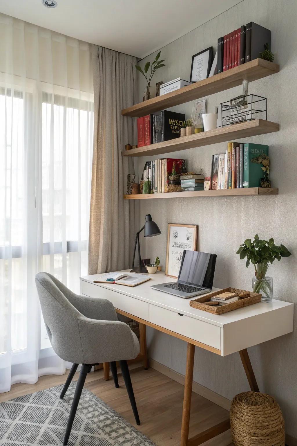 Floating shelves offer stylish storage above the desk.