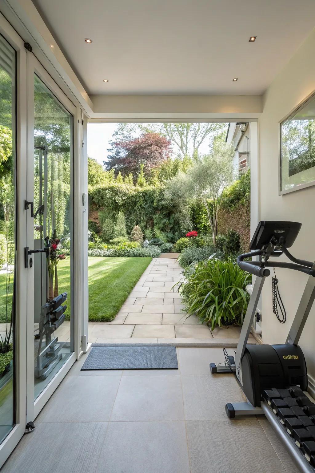 A gym setting connected to a garden, crafting a harmonious indoor-outdoor workout atmosphere.