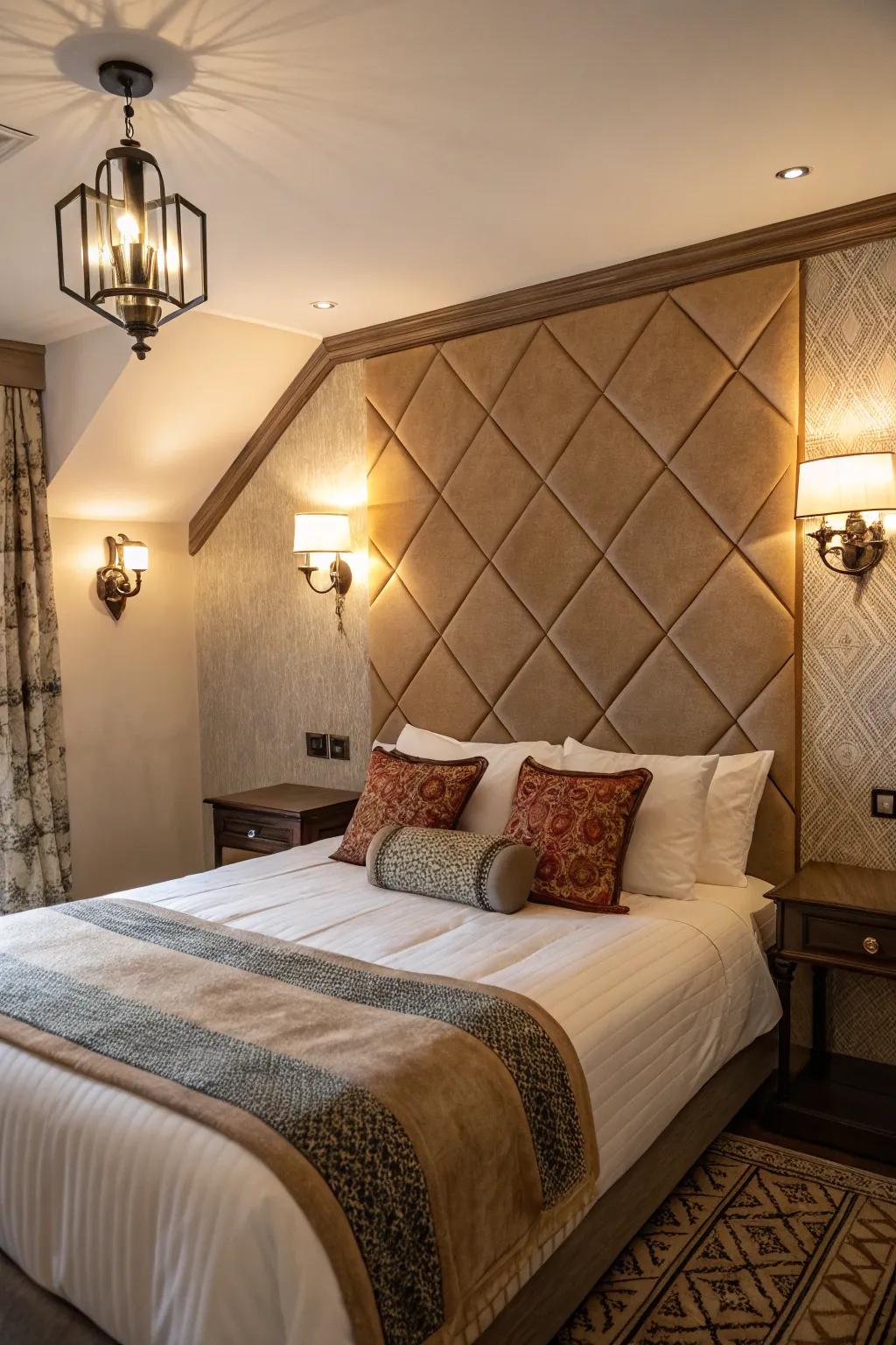 Deliberate lighting highlights the inviting feel of a diagonal bed.