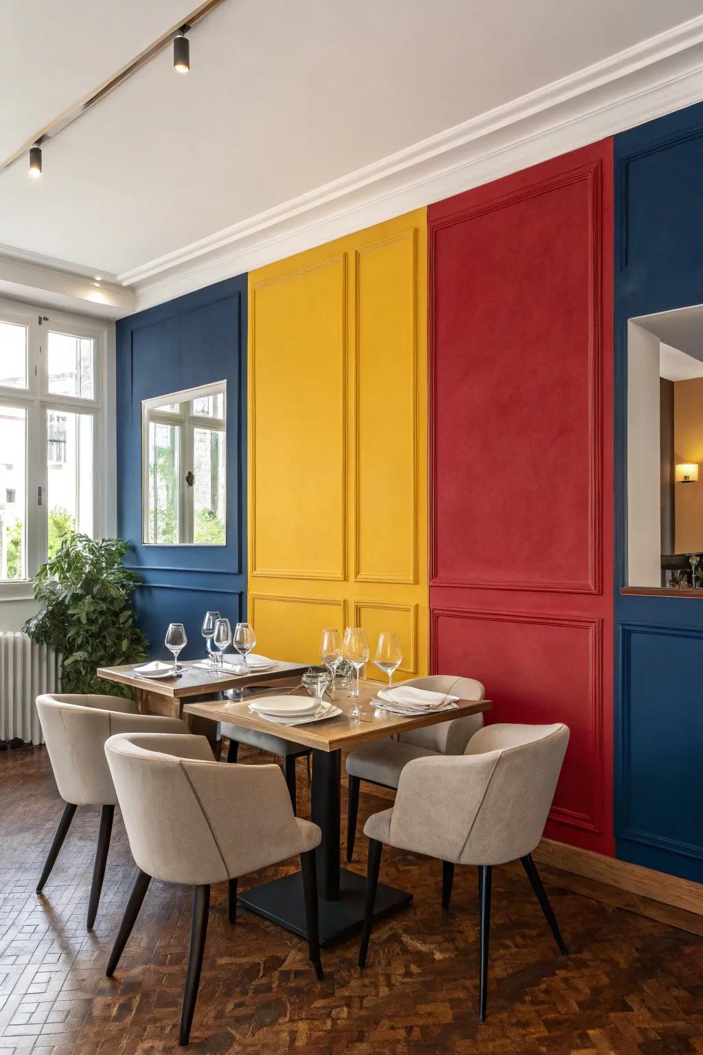 Color blocking infuses a dining room with a modern and energetic vibe.