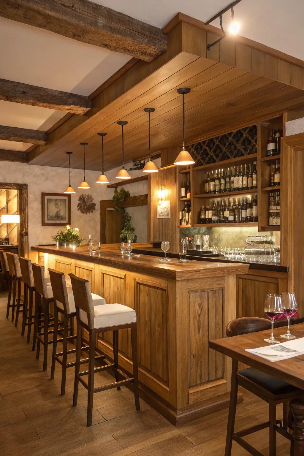 Wooden accents bring warmth and charm to your bar area.