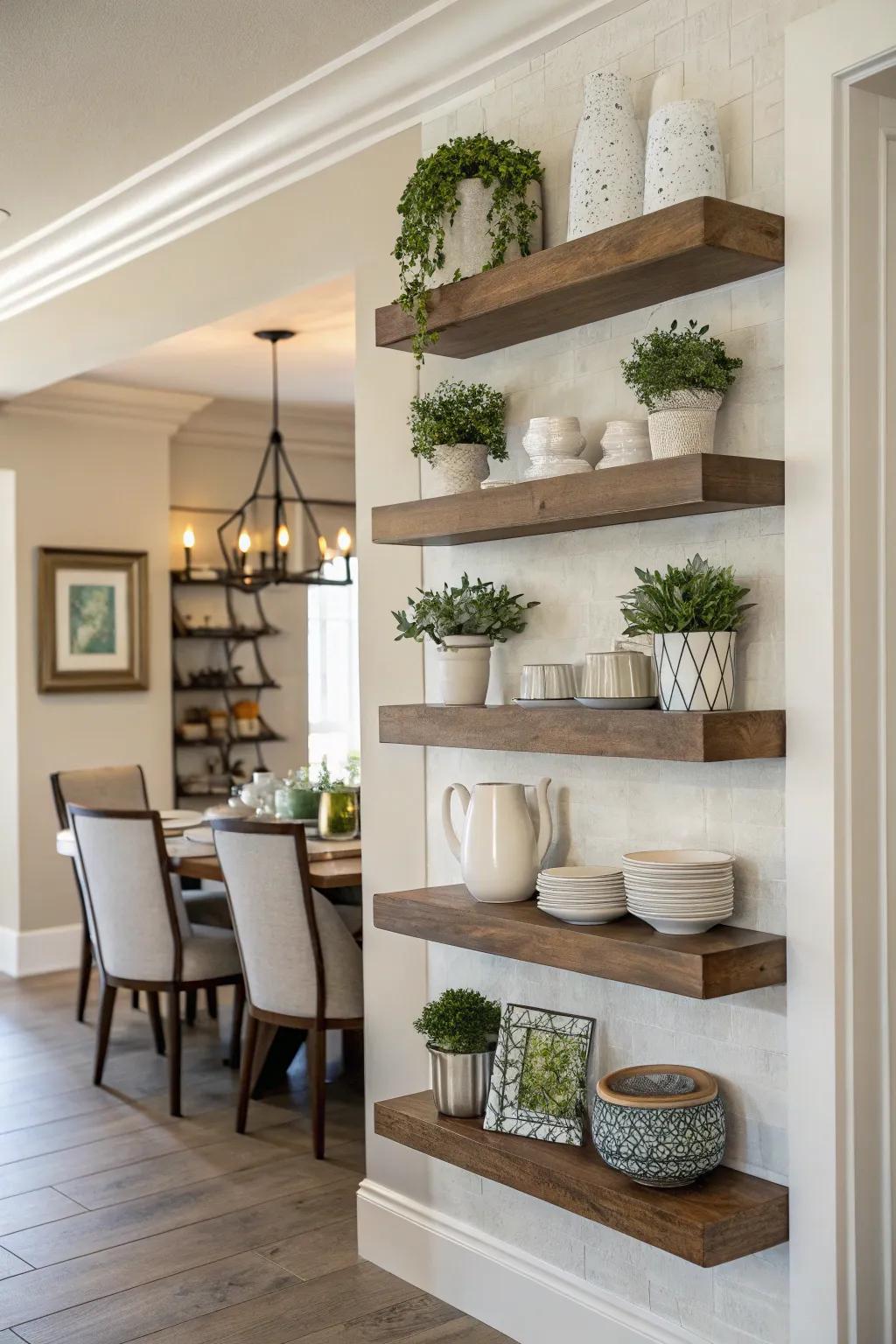 Floating shelves offer stylish storage and display options.