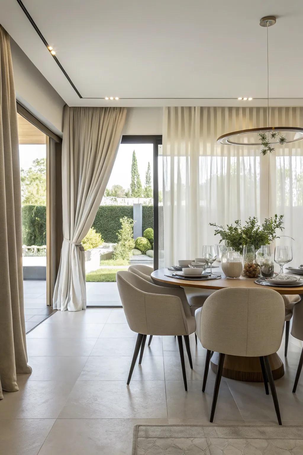 Streamlined window dressings perfect for a modern dining space.