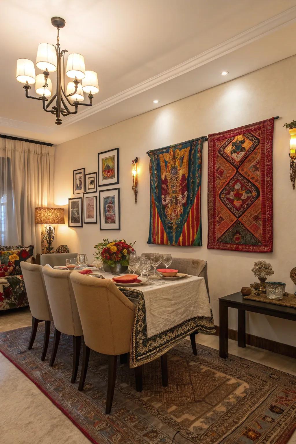 A neutral base enhanced with vibrant colors brings energy to the dining room.