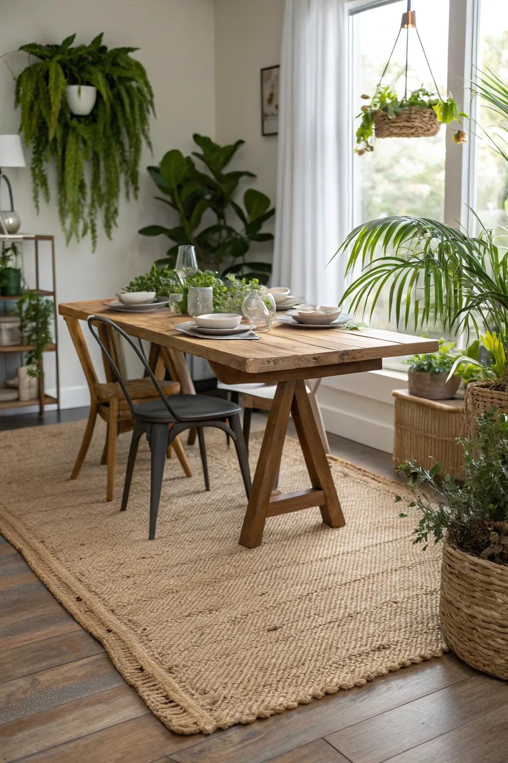 Organic material floor coverings adding warmth and texture to the dining space.
