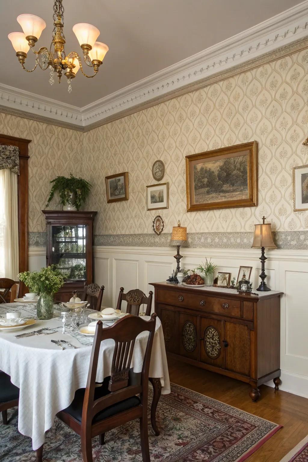 Decorative paper over the chair rail provides visual depth and charm.