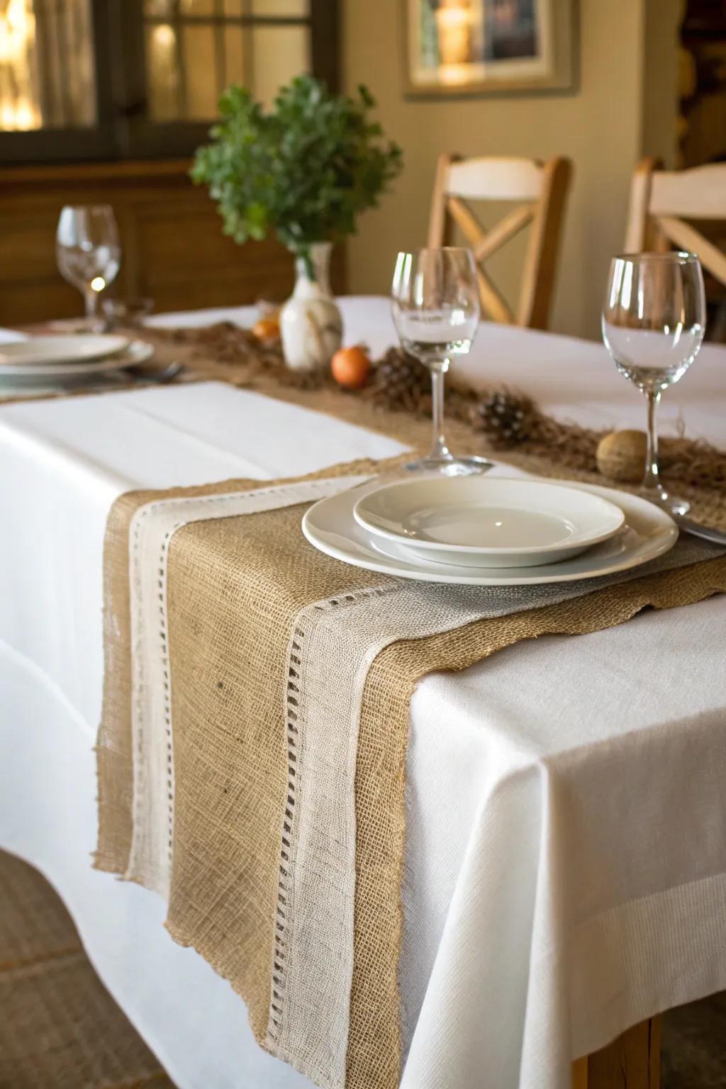 Layered fabrics establish a visually appealing and welcoming table layout.