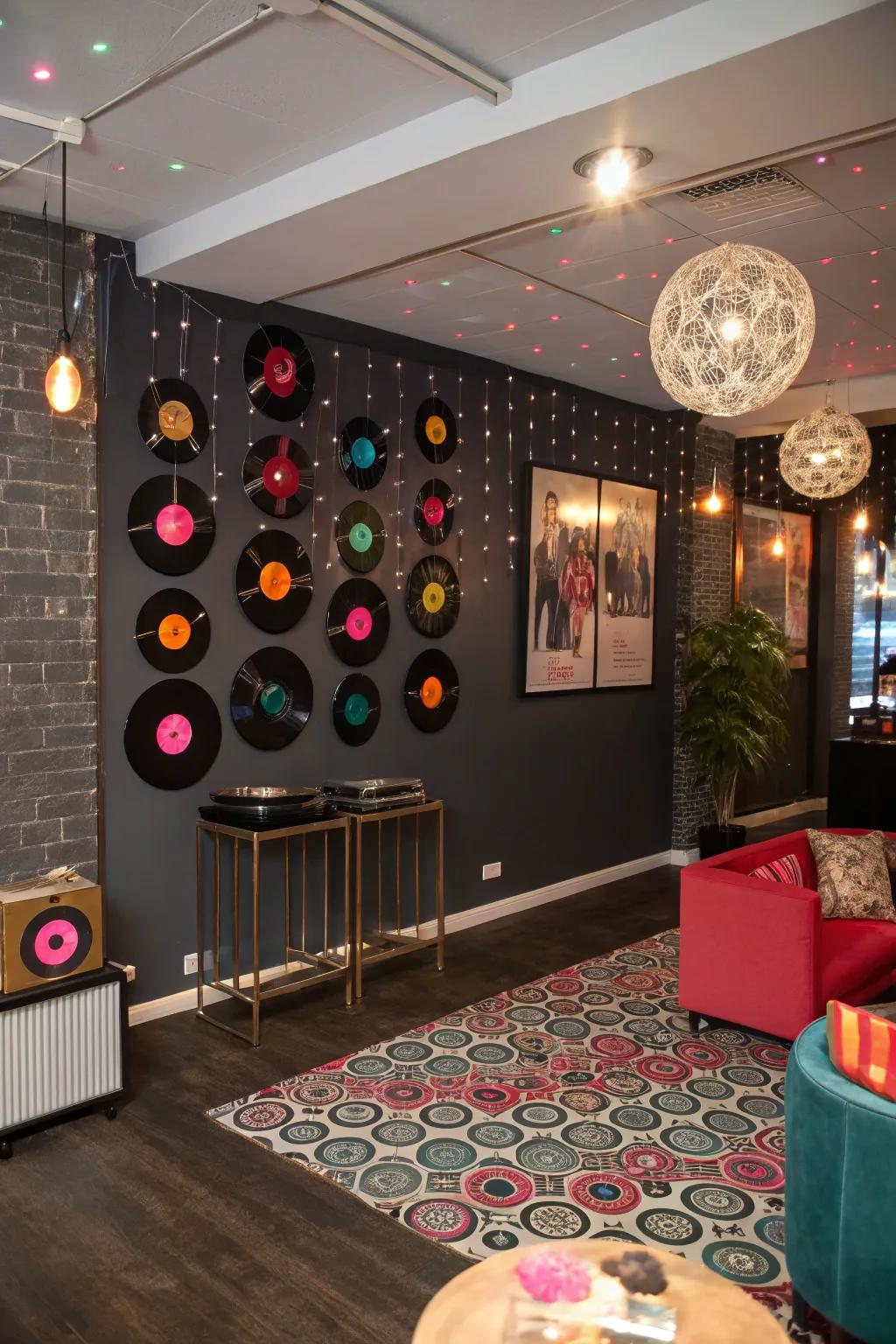 Vinyl records add a retro touch to the disco party decor.