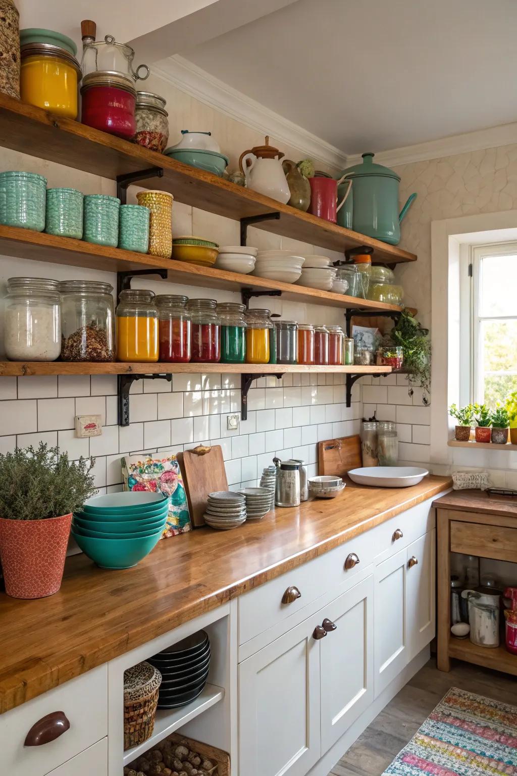 Open shelves in a kitchen for easy access.