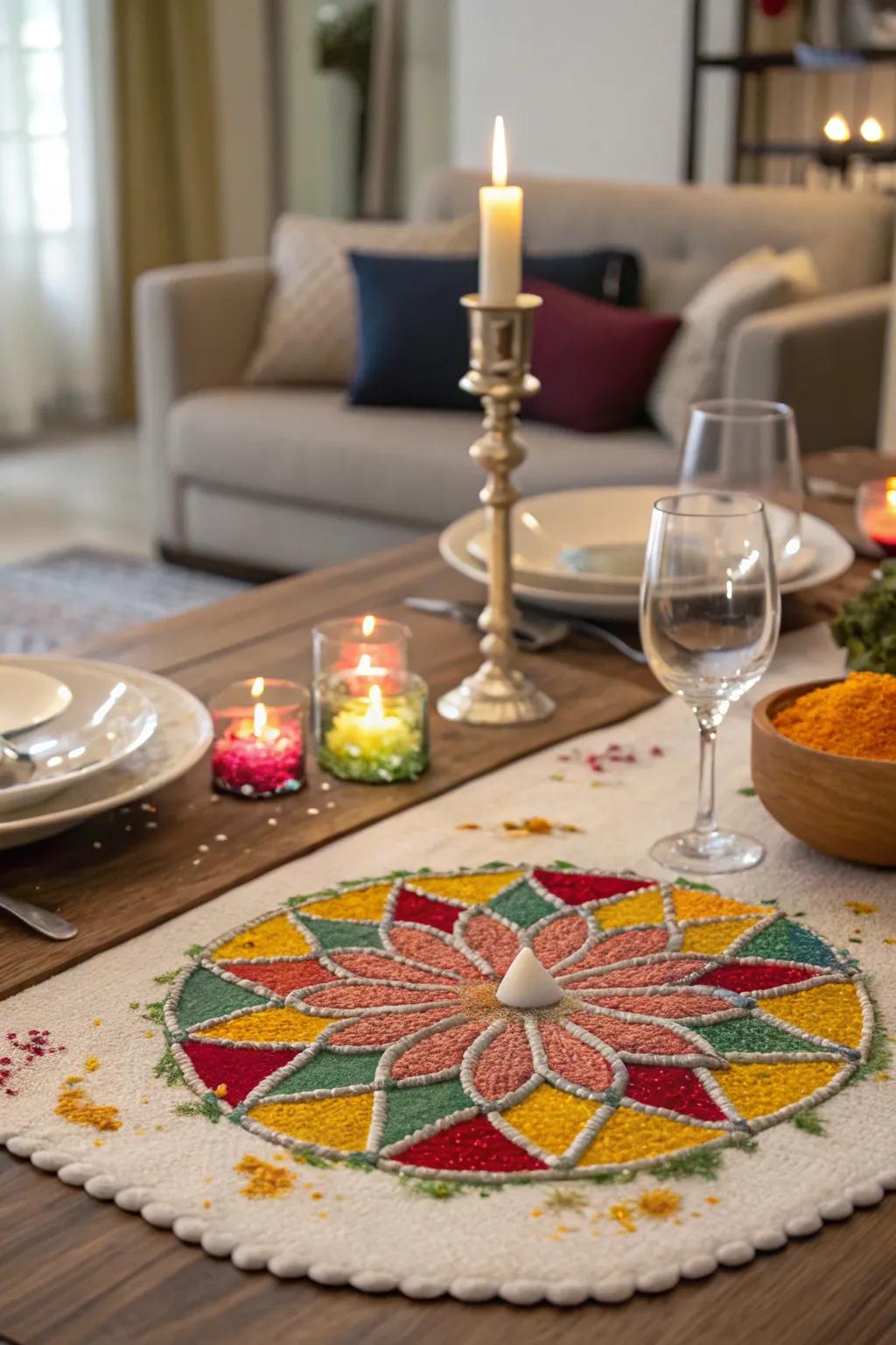 An ornamental ground art pattern serving as a magnificent centerpiece for the Diwali table.