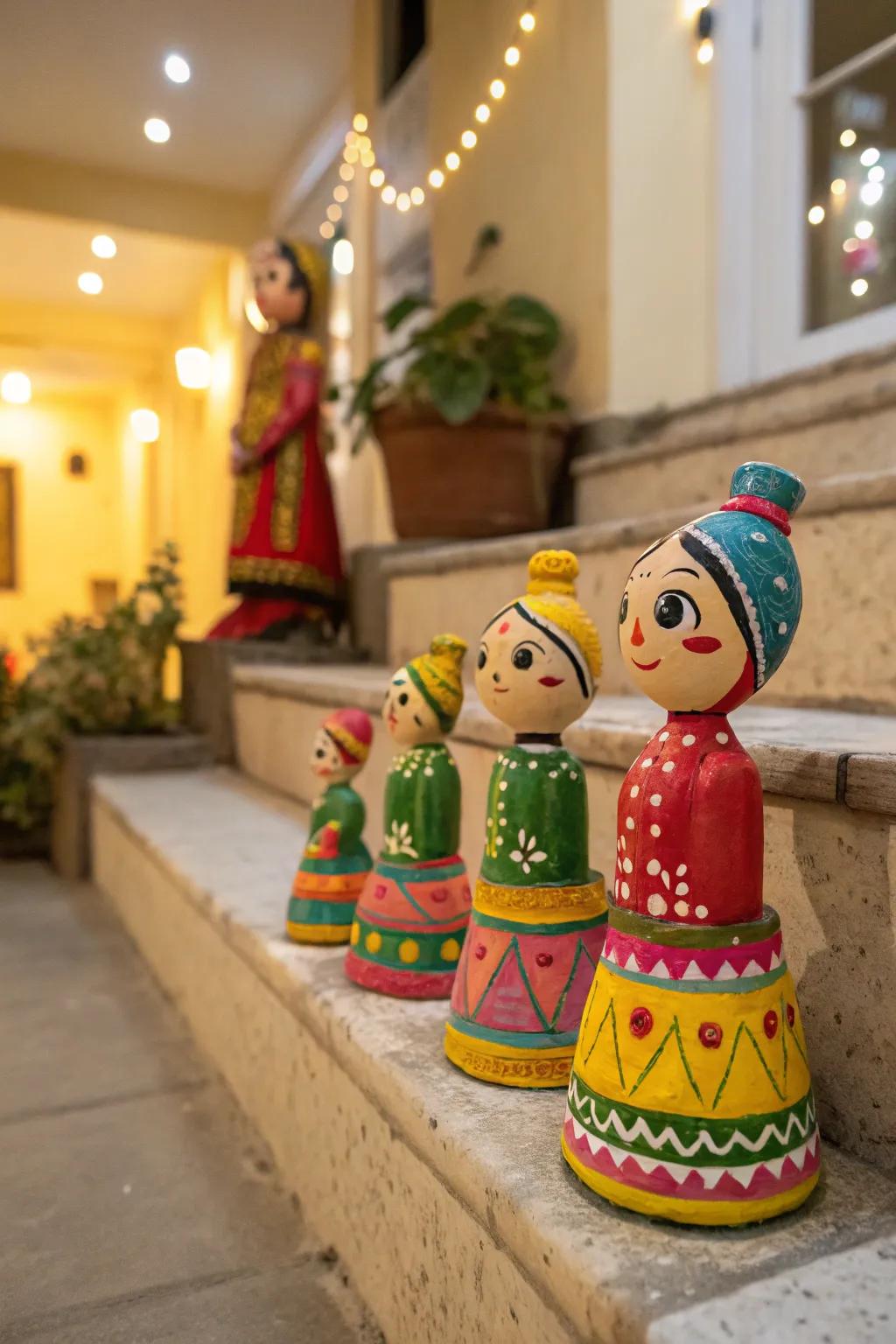 Vibrantly colored, handcrafted clay dolls ready for Golu exhibition.