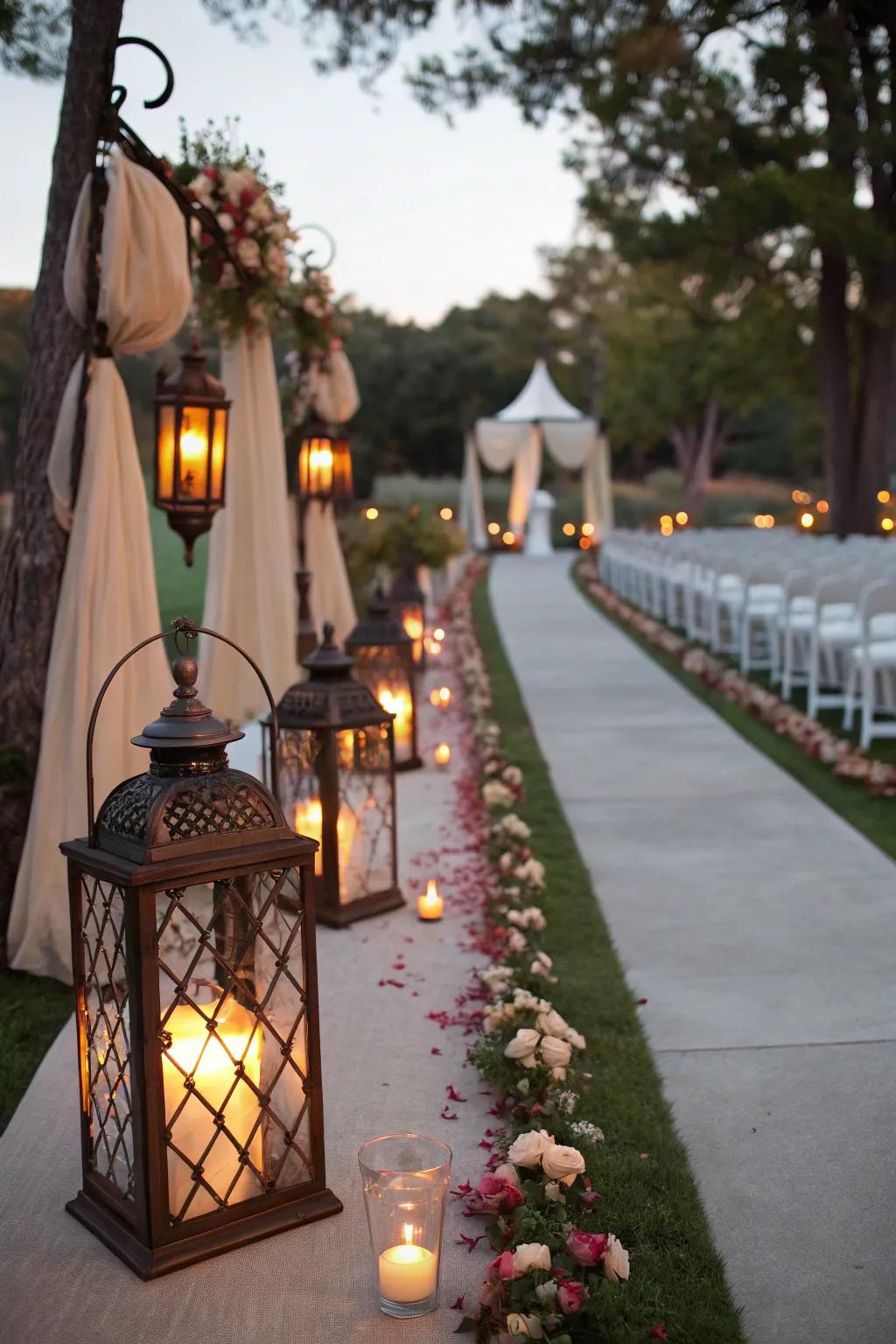 Lanterns foster an intimate and romantic atmosphere for your aisle.