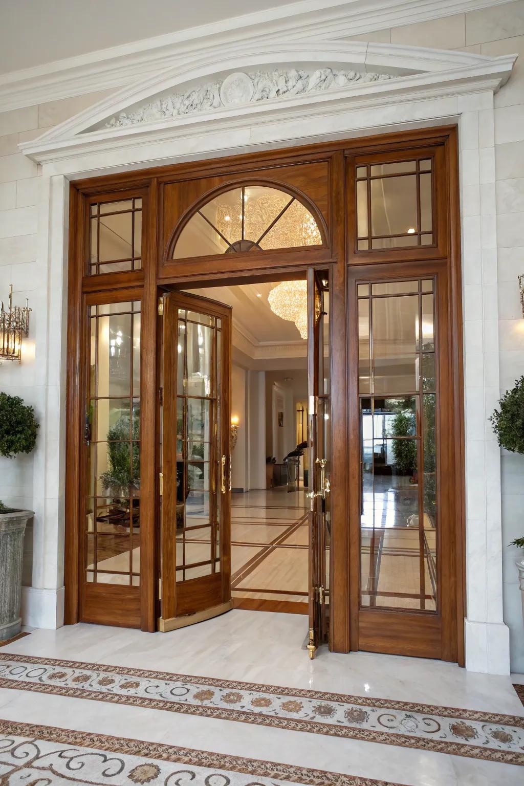 Craft a grand and inviting entrance with elegant, expansive double doors.