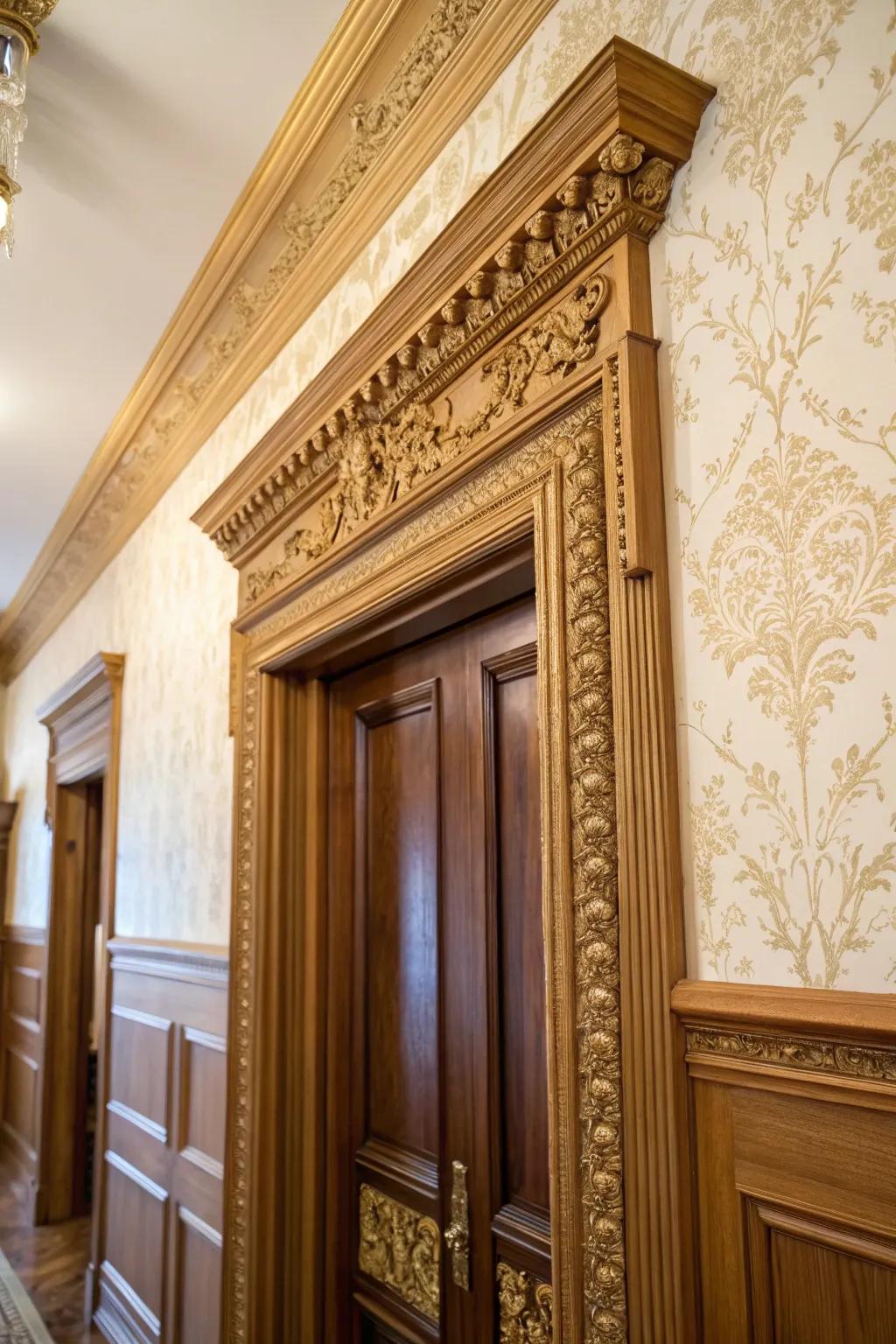 Complex moldings on door trim bring vintage allure to a traditional interior.