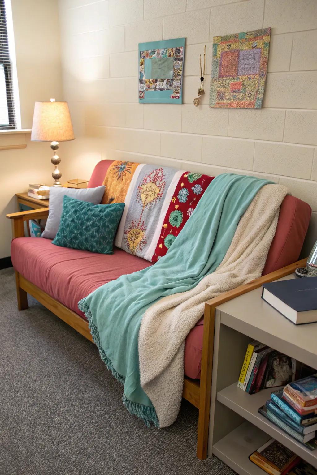 Cushions and blankets providing beauty and comfort to a dorm room sofa.