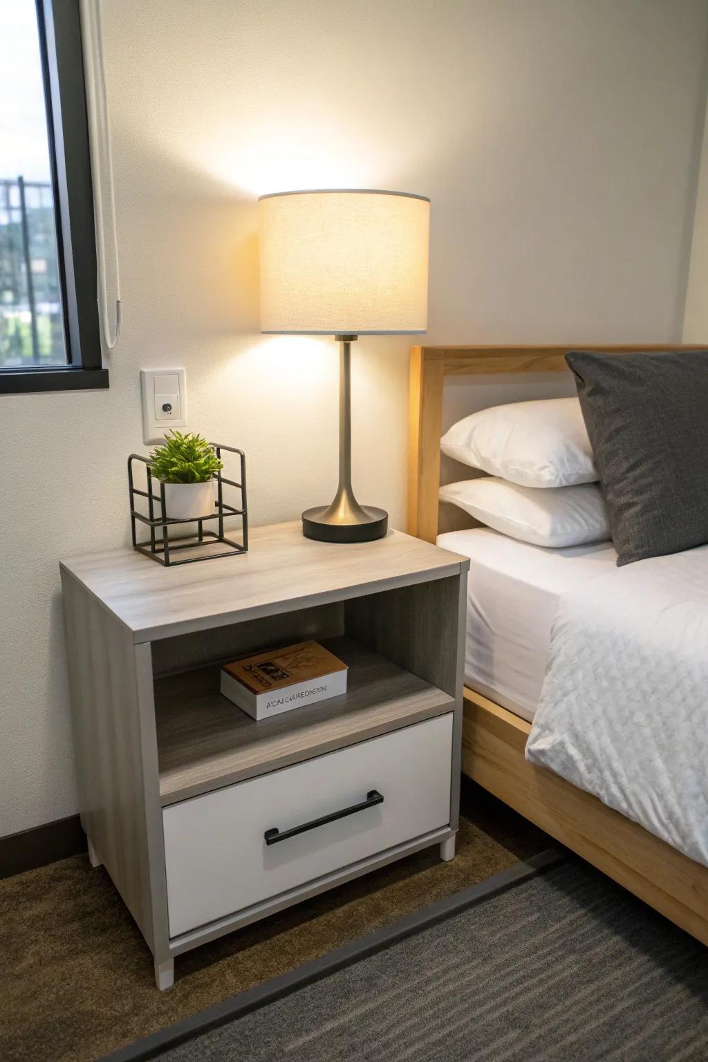 A simple bedside table adds to a clean and peaceful dorm setting.