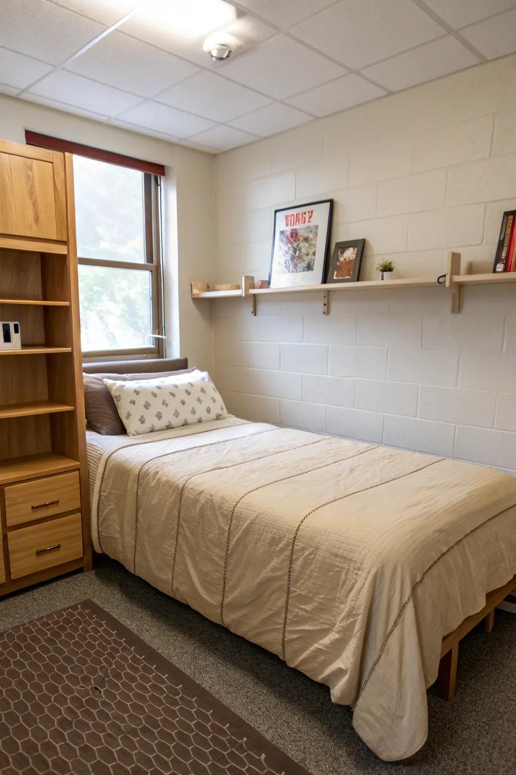A dorm bed featuring minimalist, neutral-toned bedding for a sophisticated look.
