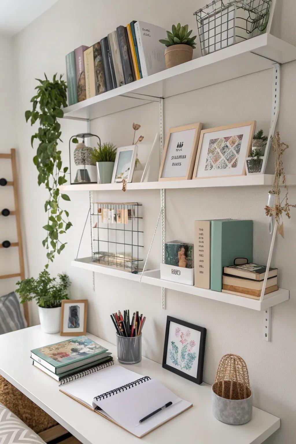 Wall storage keeps essentials handy and floors uncluttered.