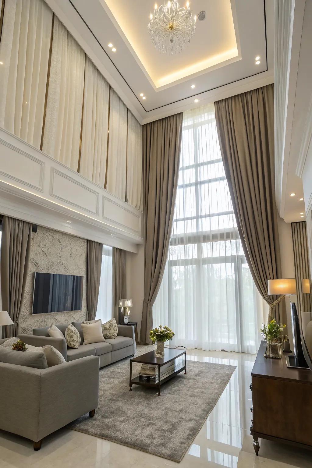 Ceiling-mounted double curtains create a sense of height and drama.