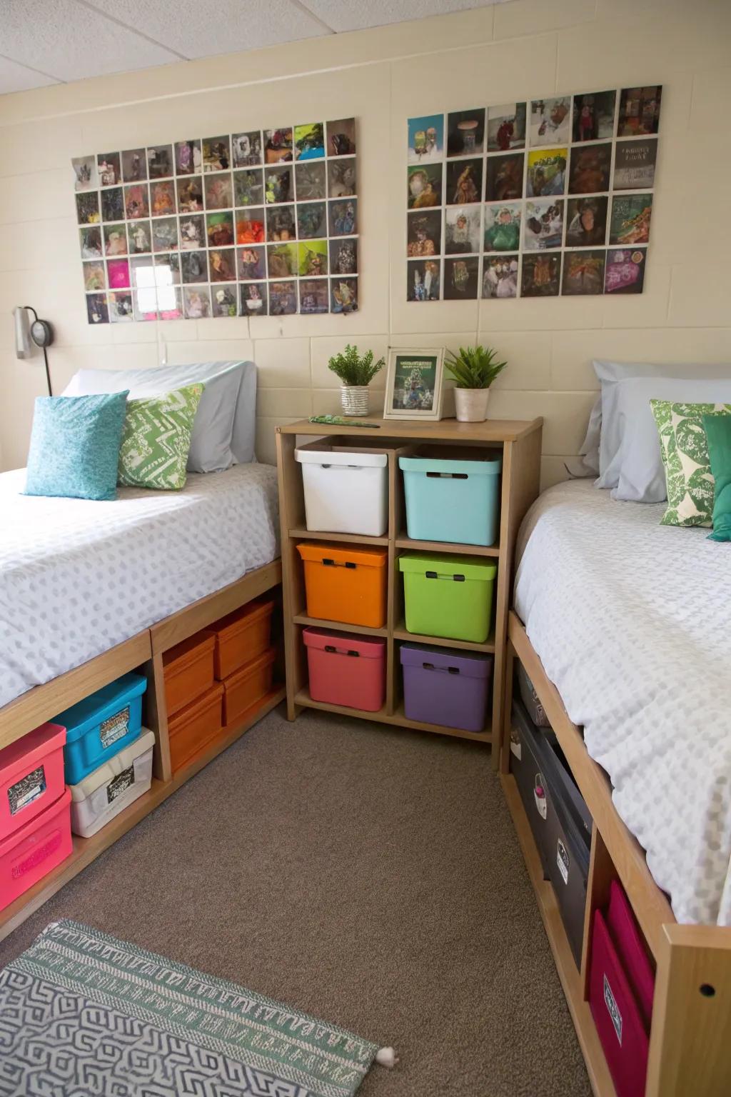 Under-bed storage keeps essentials unseen yet reachable.