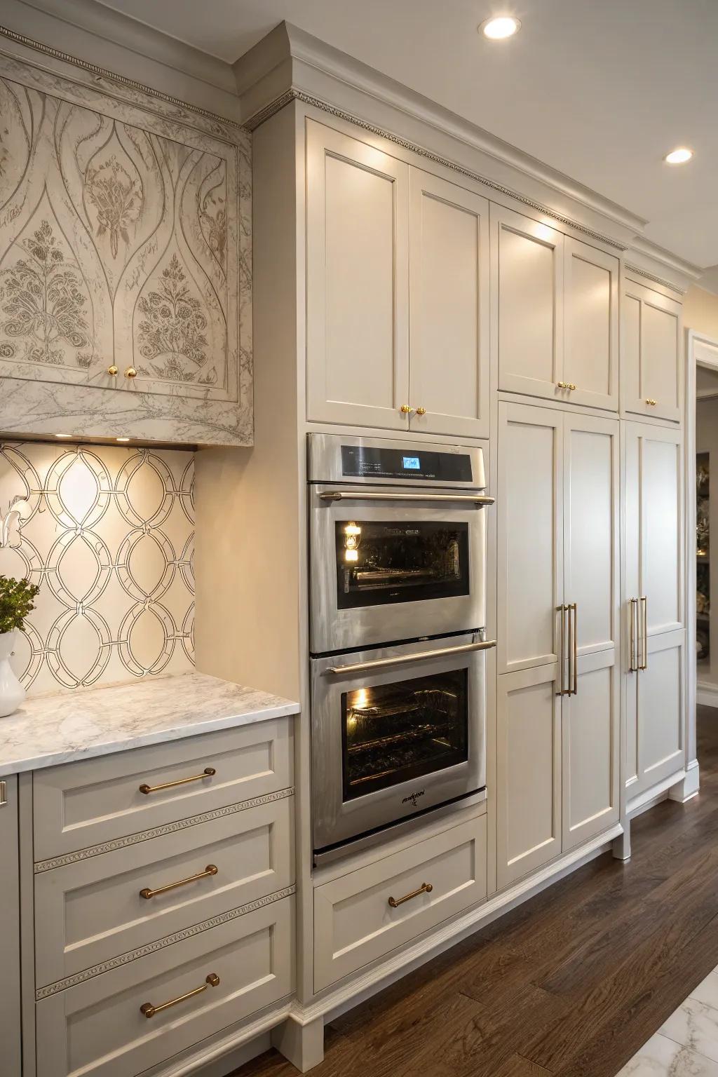 An ingeniously concealed double oven, seamlessly integrating with the encompassing cabinetry for a cohesive look.