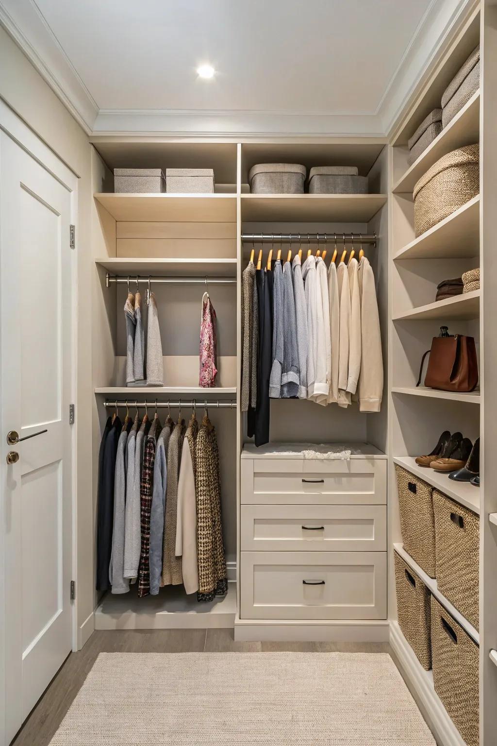 Neutral shades create a calm and spacious closet layout.
