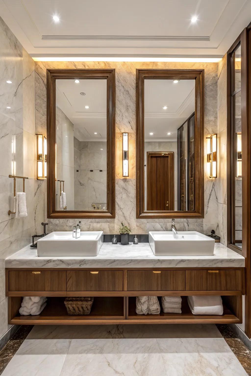 Large statement looking glasses add drama and elegance above double sinks.