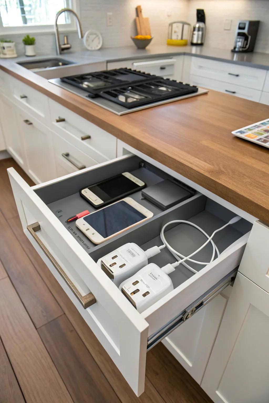A concealed power hub keeps your devices charged and systematically arranged