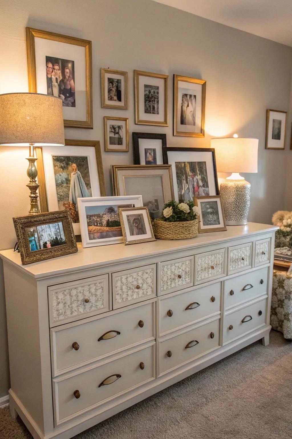 Framed artwork enriches the dresser with a personal and artistic touch.
