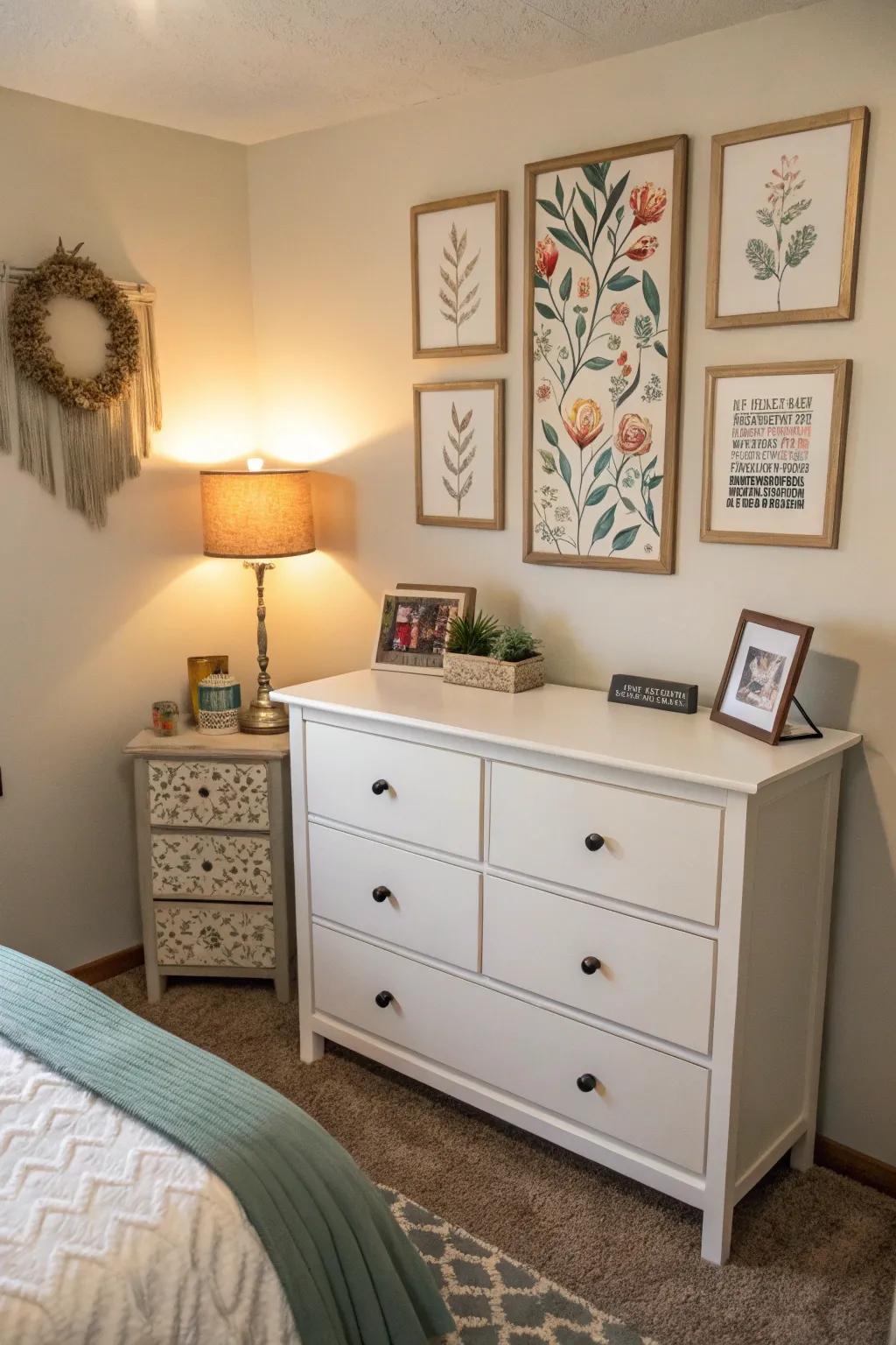 A petite dresser with wall art above, fashioning a stylish, vertical point of interest.