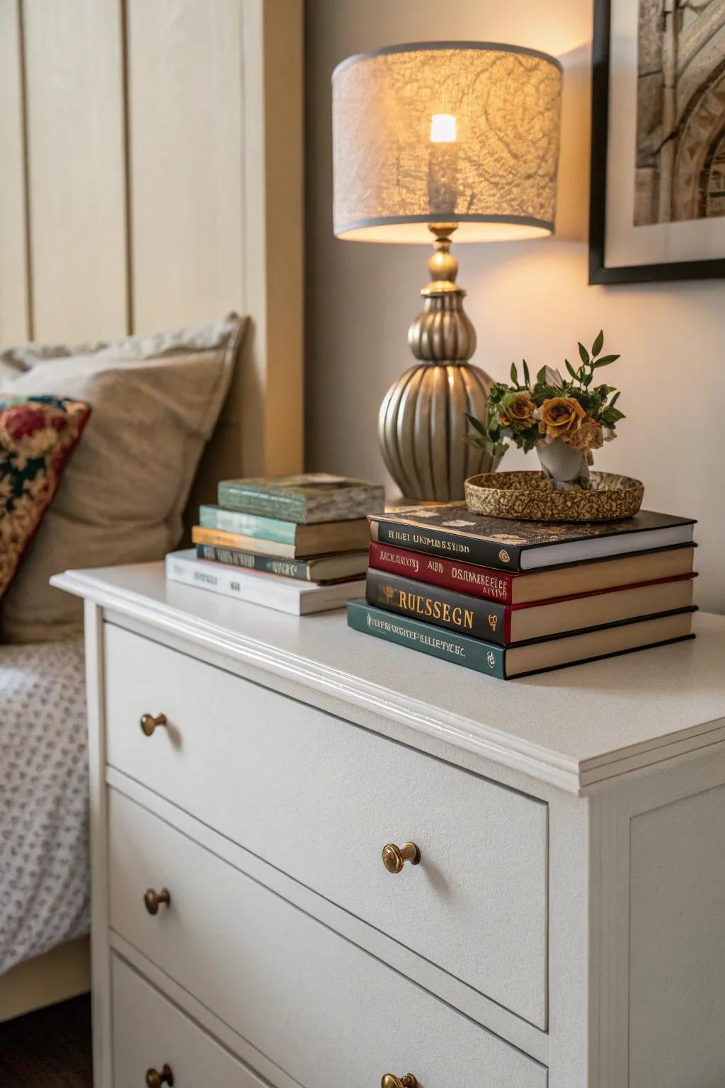 Books bring depth and intrigue to your dresser's surface.