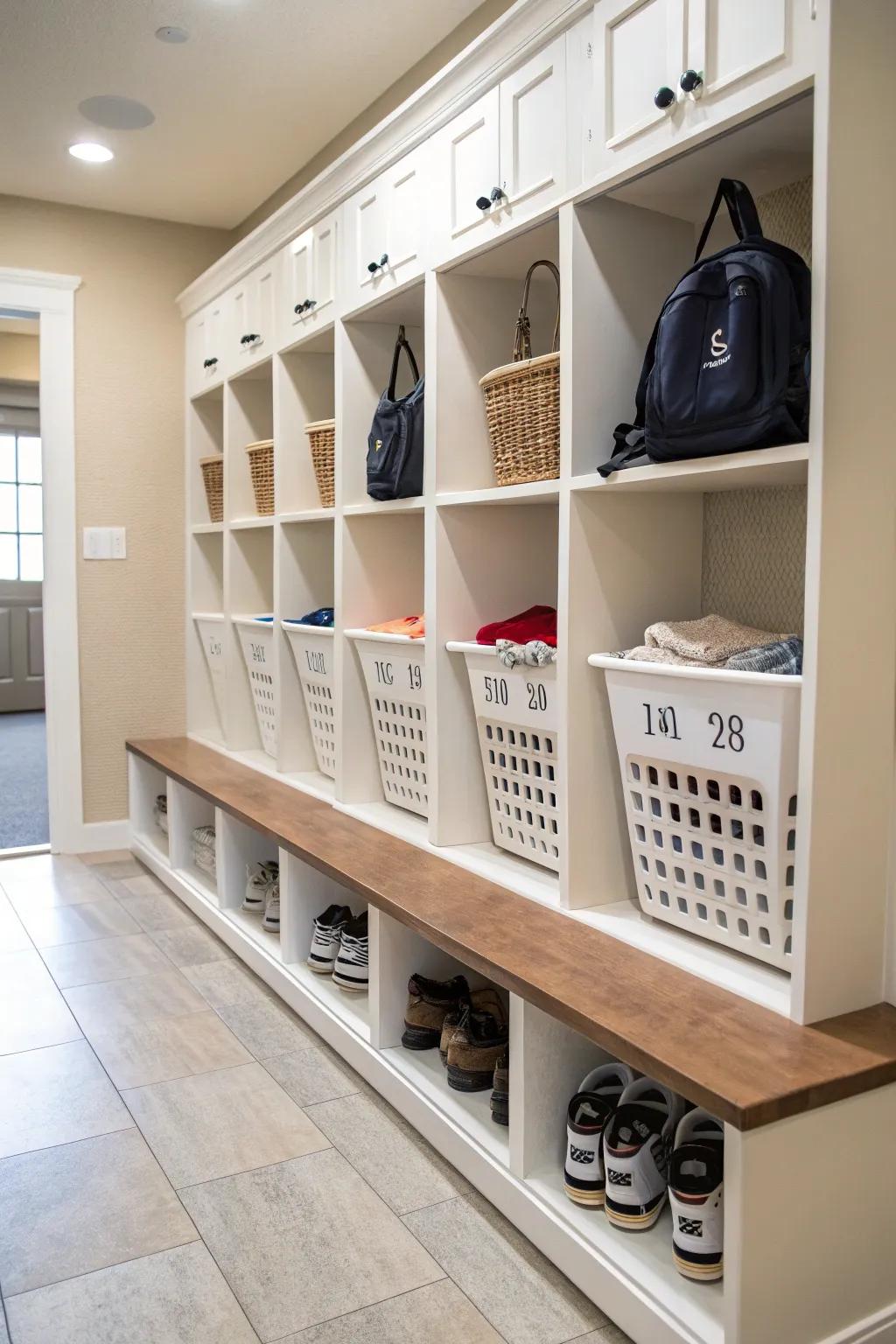 Labeled baskets in storage boxes keep things in order.