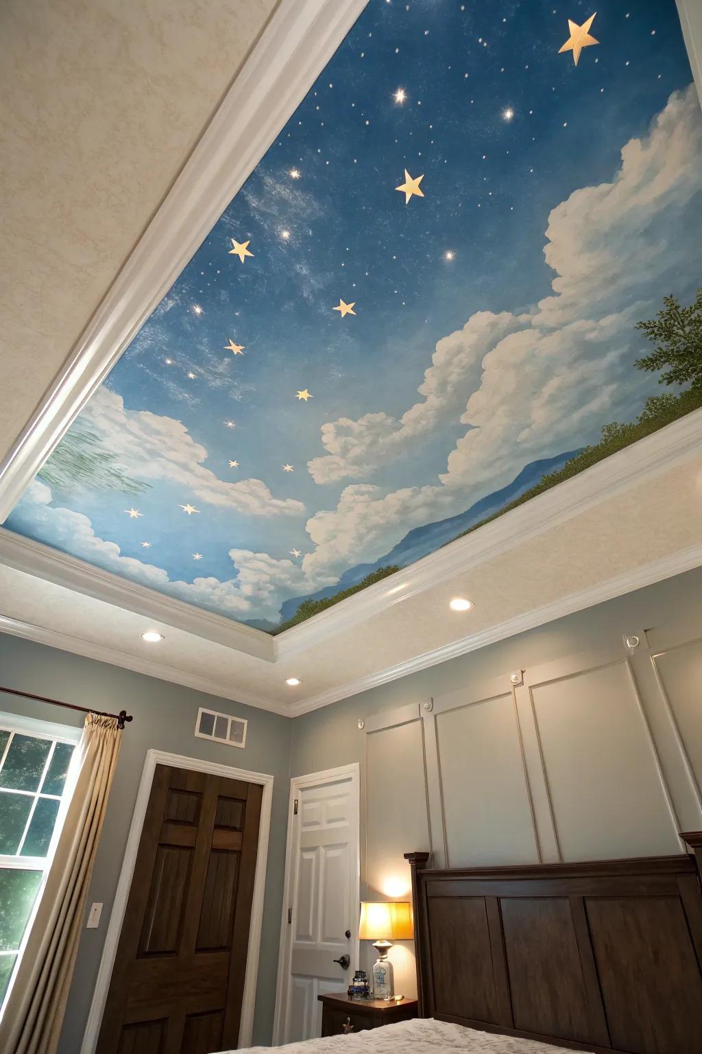 Ceiling murals turn rooms into artworks.