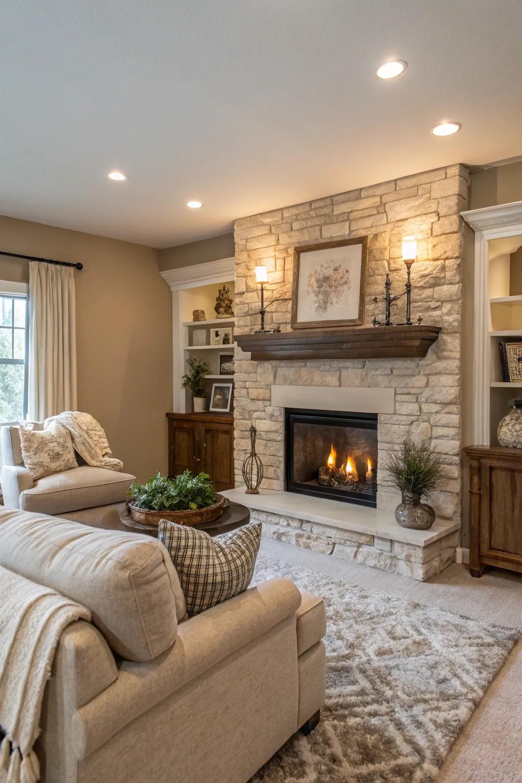 A plasterboard hearth effortlessly integrating with a neutral palette.