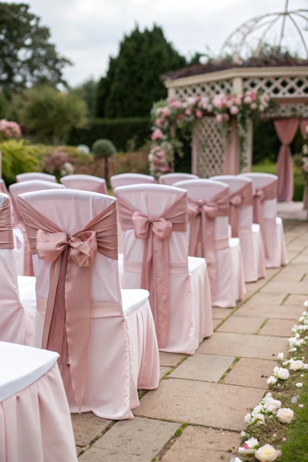 Sophisticated seating using misty rose coverings.