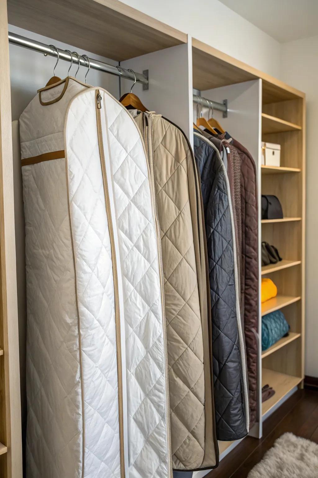 Hanging comforters in garment bags provides a stylish, space-conscious alternative.