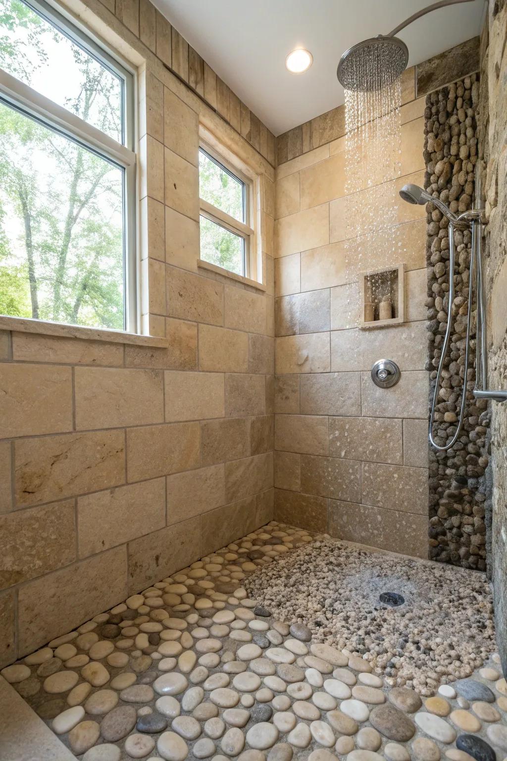 Textured surfaces like pebble tiles add a natural feel to the bathroom.
