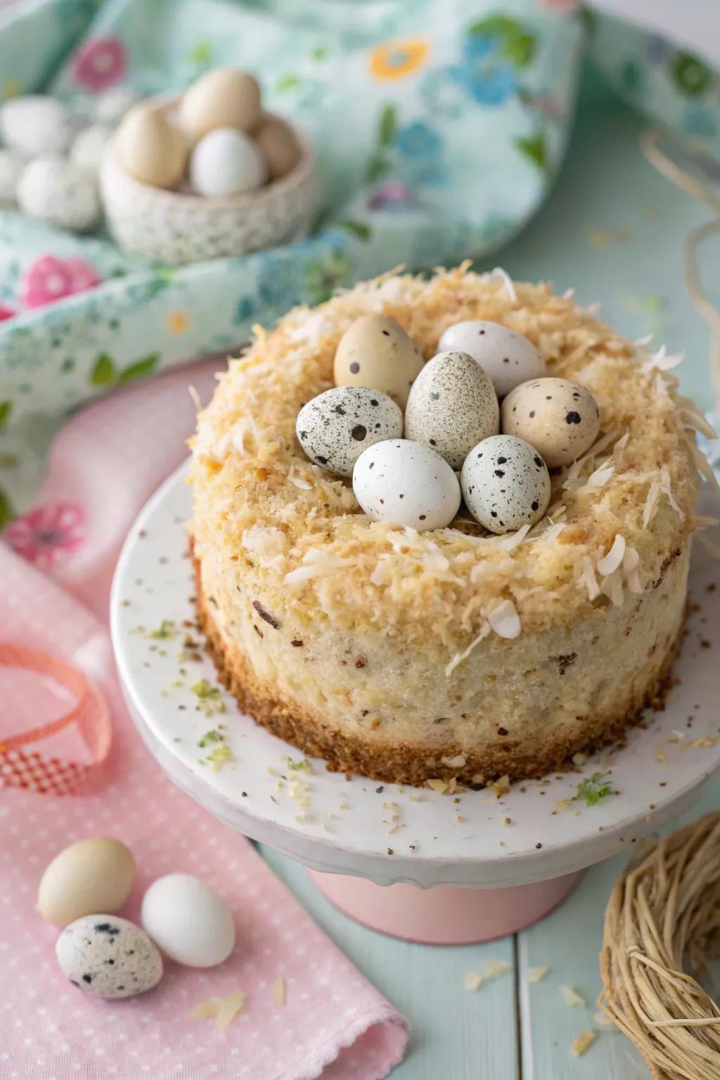 A dotted egg perch adds an elegant touch to this Easter cake.