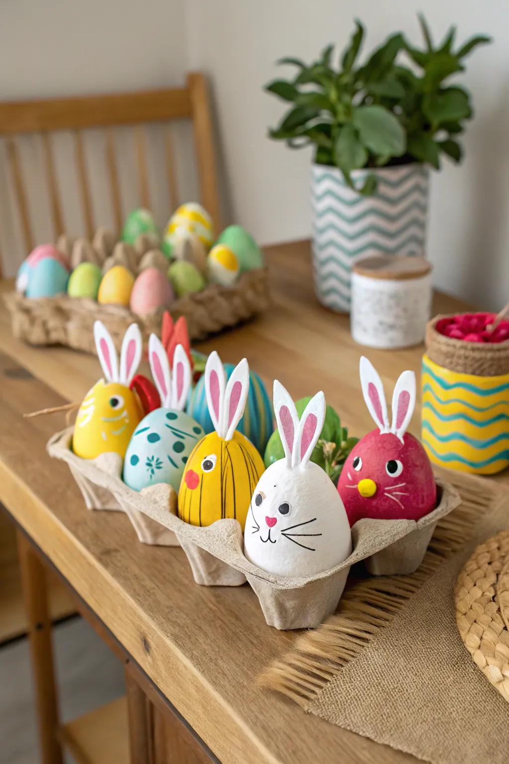 Artistic Easter bunnies crafted from reused egg cartons.