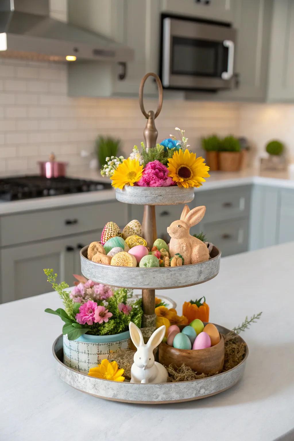 Tiered platforms exhibit miniature Easter decor articles with refinement.