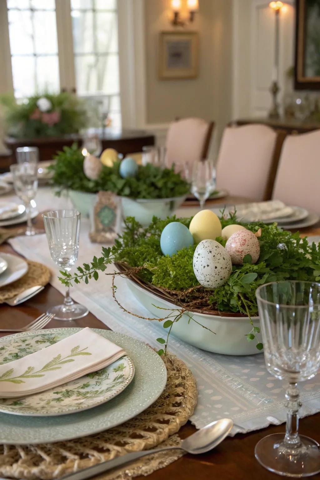 Decorative eggs nestled in greenery for an eye-catching display.