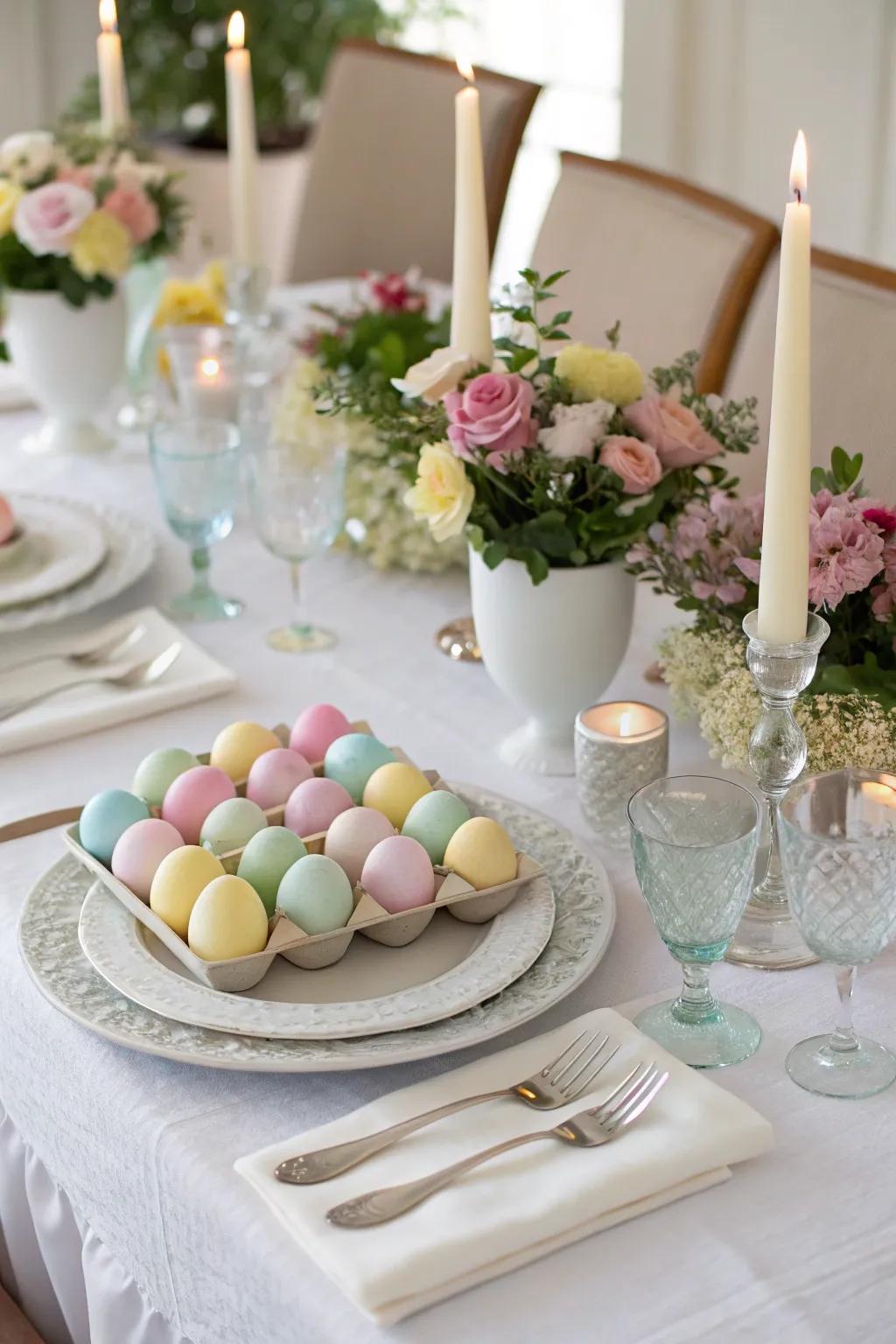 A wedding table enriched with Easter eggs as part of the central decoration.