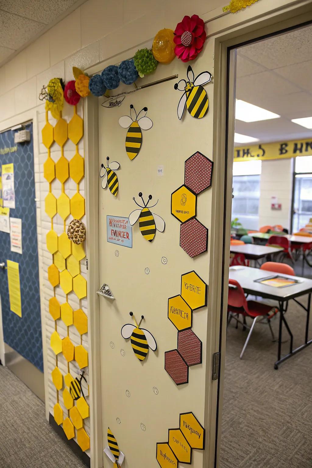 A buzzing bee-themed classroom entrance brings the marvels of nature into the classroom.
