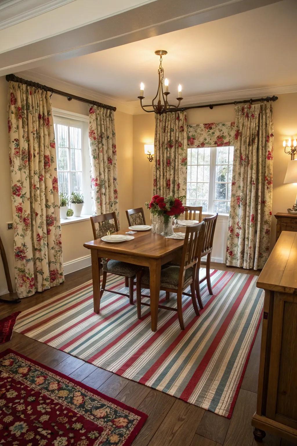 A dining area featuring an exciting blend of patterns.