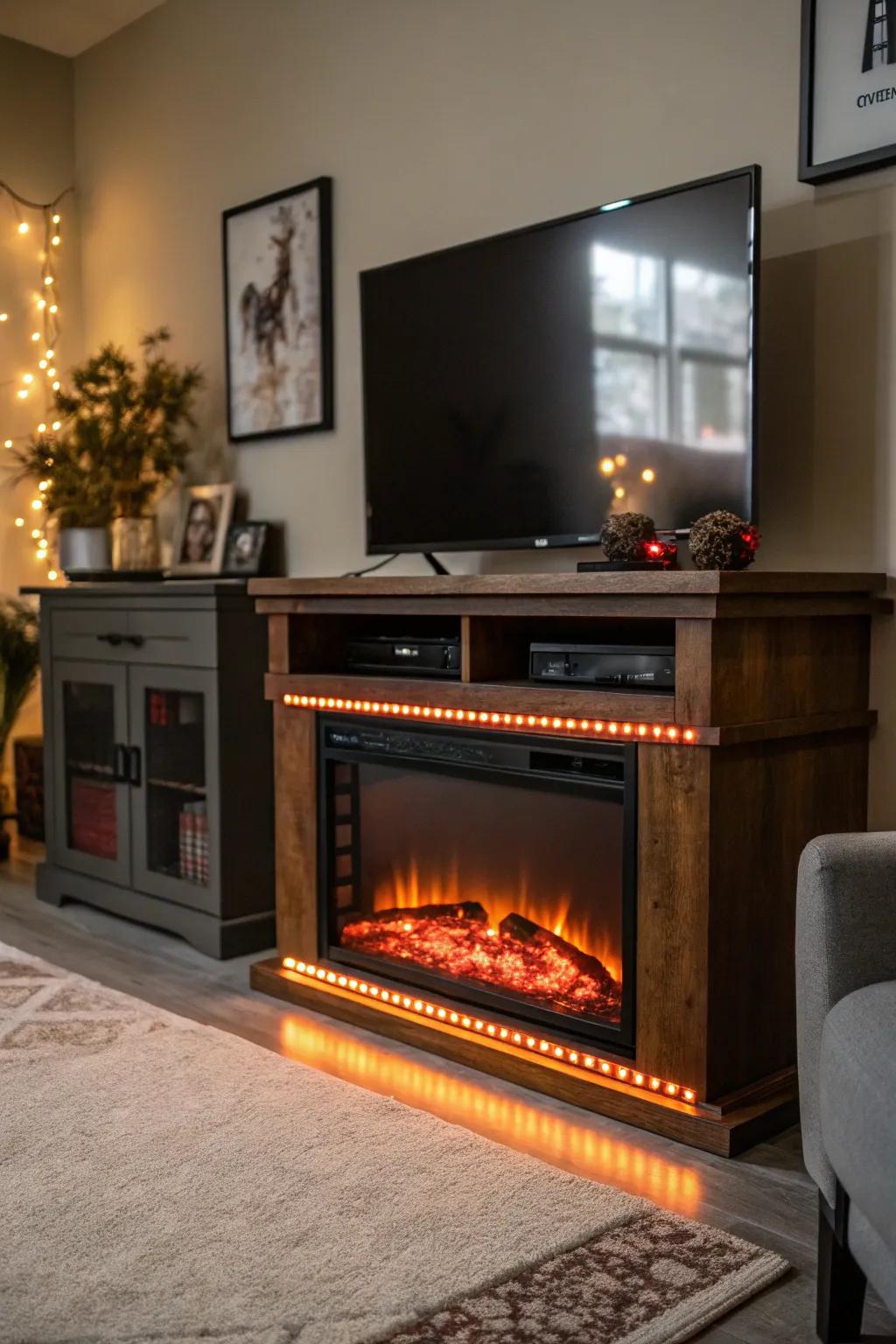 Emphasized illumination creates a welcoming and warm atmosphere around your hearth and TV.