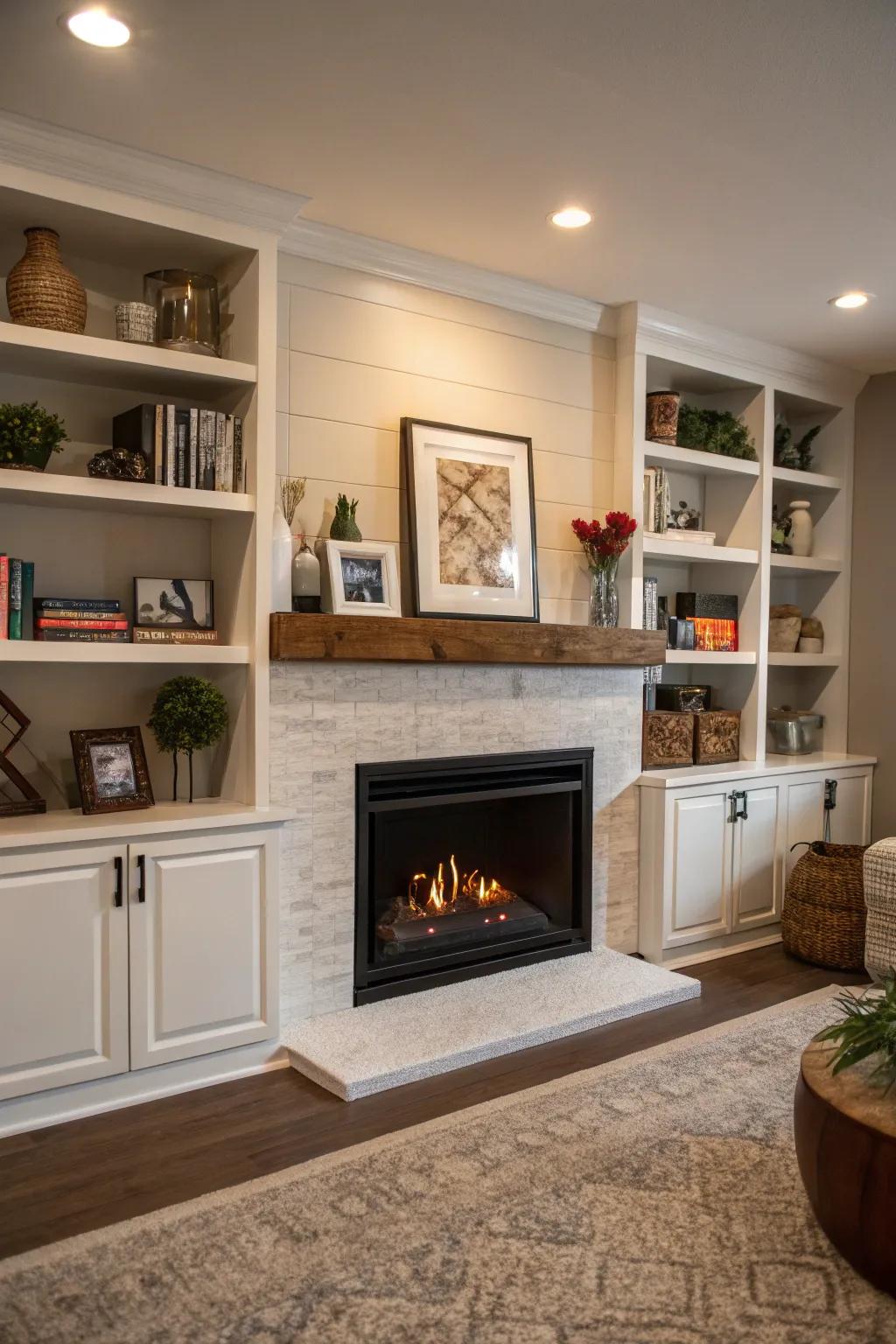 A built-in fireplace that provides both style and storage.