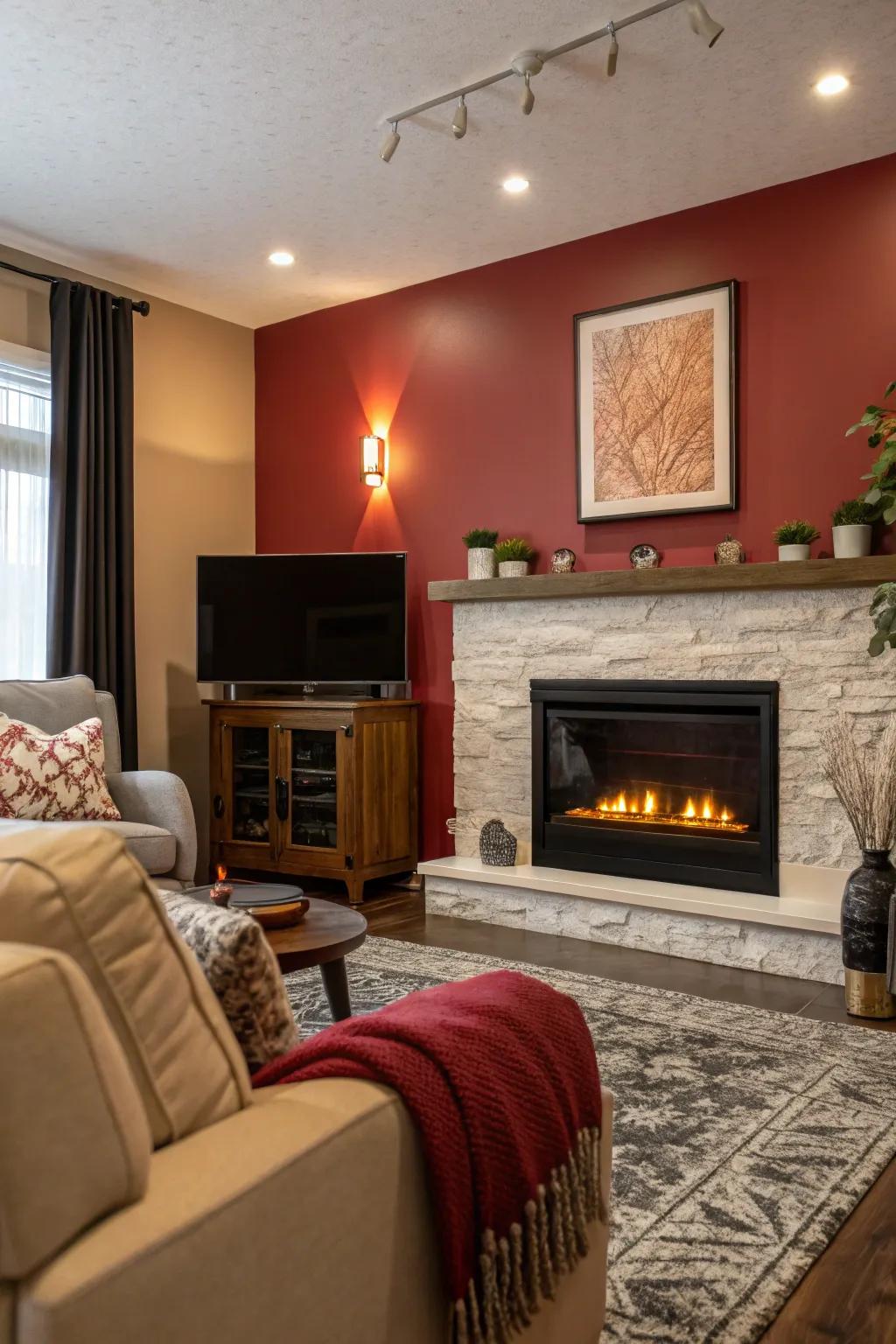 A living area that features a boldly hued accent wall hosting an electric fireplace.