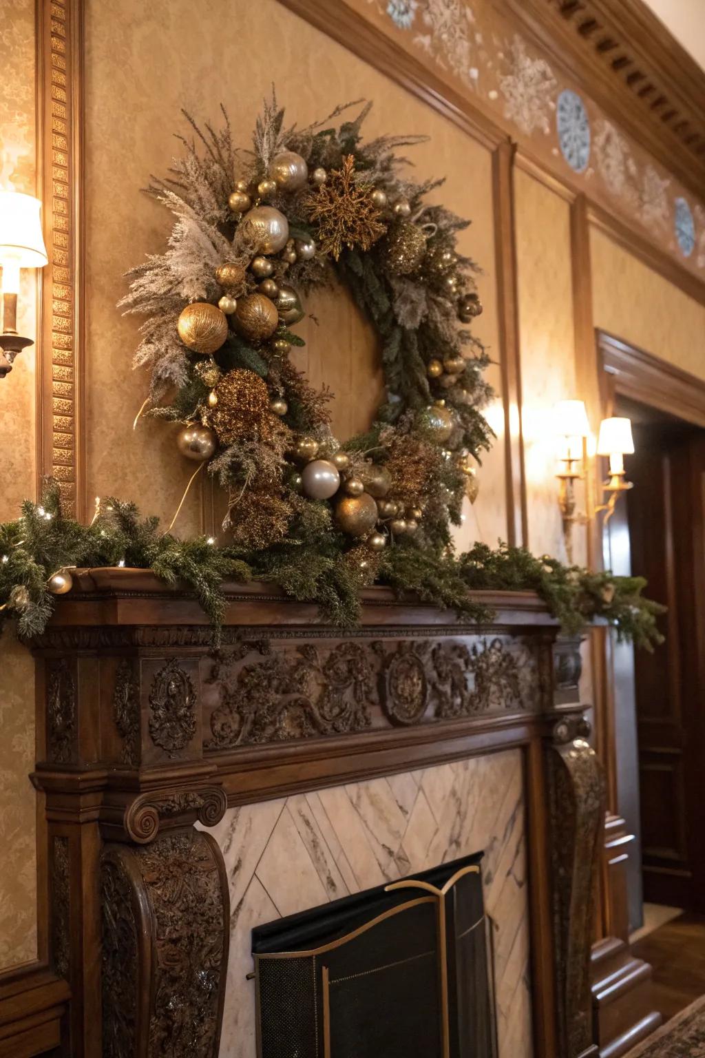 An ornate wreath adds a glamorous focal point.