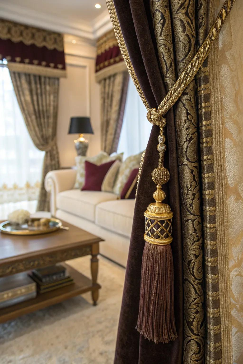 Elaborate fasteners contribute a personal hallmark to opulent curtains.