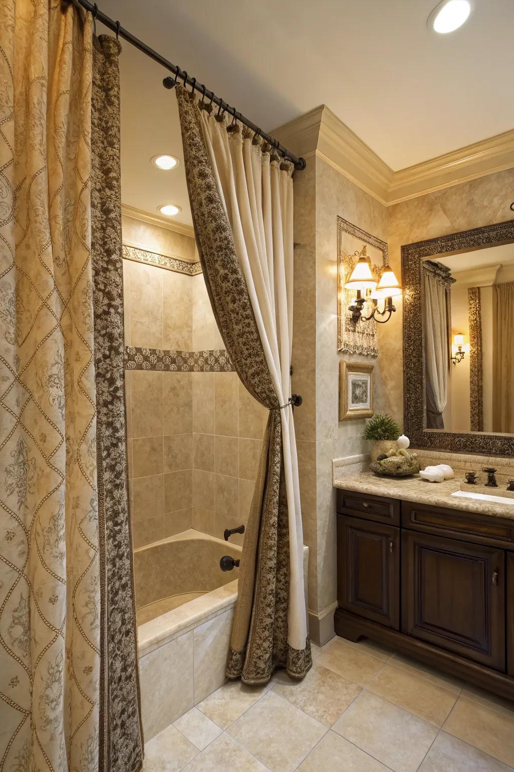 A luxurious bathroom featuring elegantly draped, layered shower curtains.